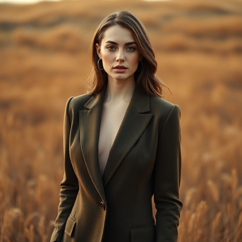 Portret editorial cu blazer Merino oliv închis pe fundal de iarbă uscată ocru
